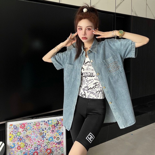 샤넬 CHANEL 2022 SS 포켓 로고 데님 셔츠 반바지 여성 세트 커스텀급
