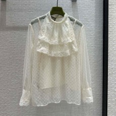 구찌 GUCCI 2023 SS 레이스 프릴 시스루 아이보리 여성 블라우스 커스텀급