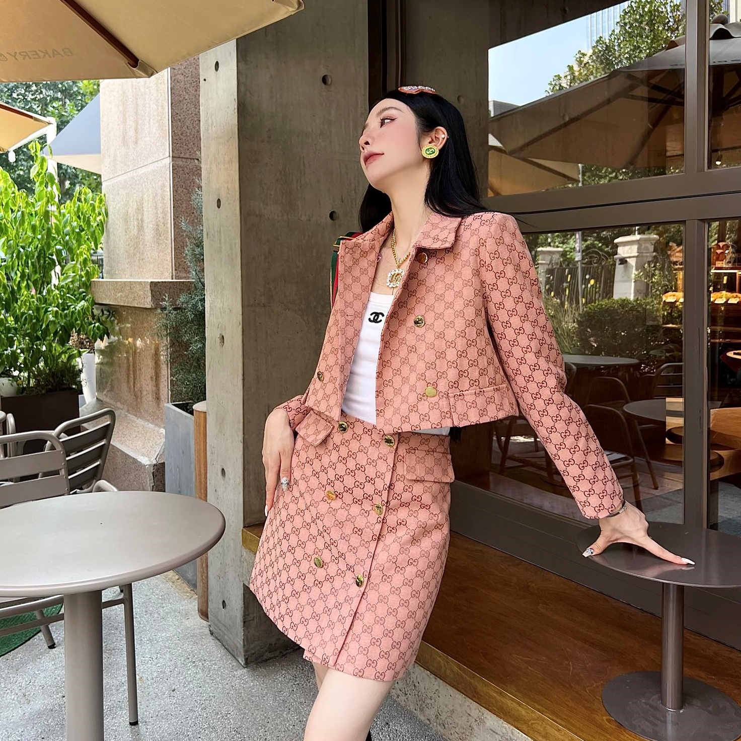 구찌 GUCCI 2023 SS 쟈가드 무늬 자켓 스커트 여성 세트 핑크 커스텀급