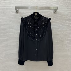 미우미우 MIUMIU 2024 SS 큐빅 프릴 투톤 리본 여성 블라우스 커스텀급