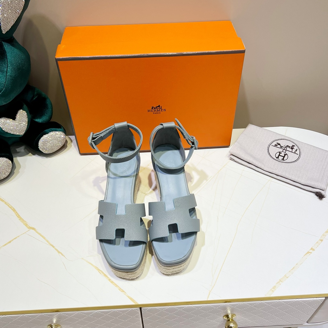 에르메스 HERMES 2024 SS H로고 끈장식 민트 여성 웨지힐 샌들 커스텀급