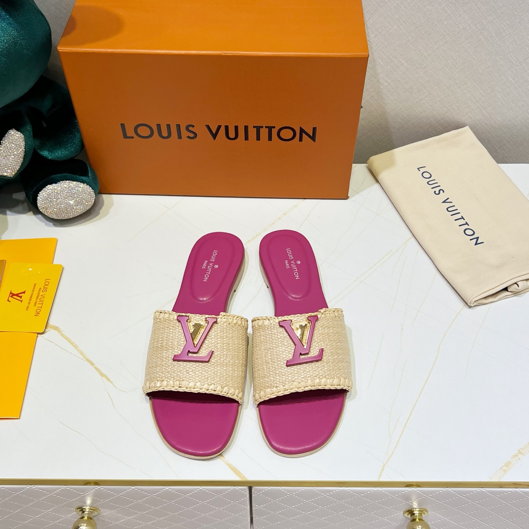 루이비통 LOUIS VUITTON 2024 SS 캐릭터 로고 꼬임 핫핑크 베이지 여성 슬리퍼 커스텀급