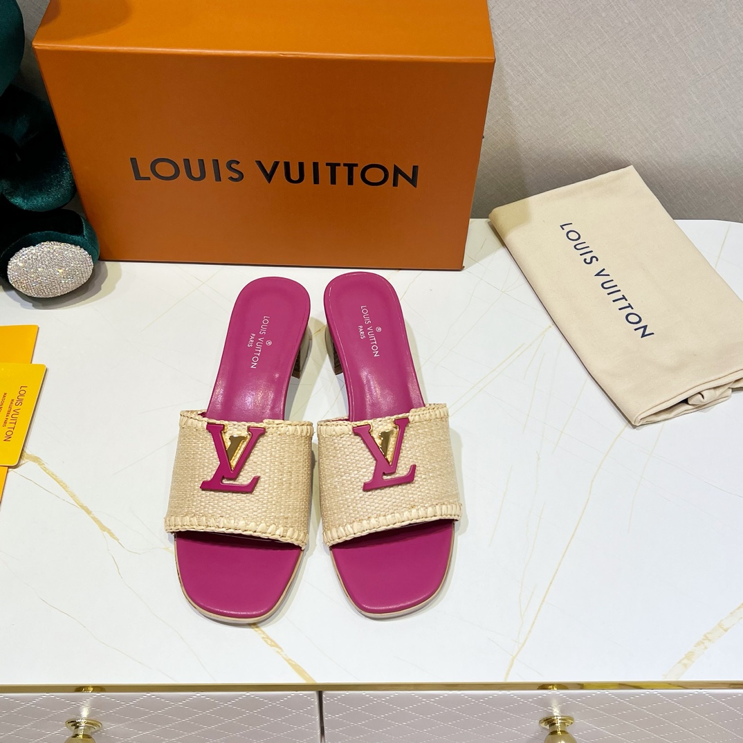 루이비통 LOUIS VUITTON 2024 SS 캐릭터 로고 꼬임 핫핑크 베이지 여성 슬리퍼 샌들 커스텀급