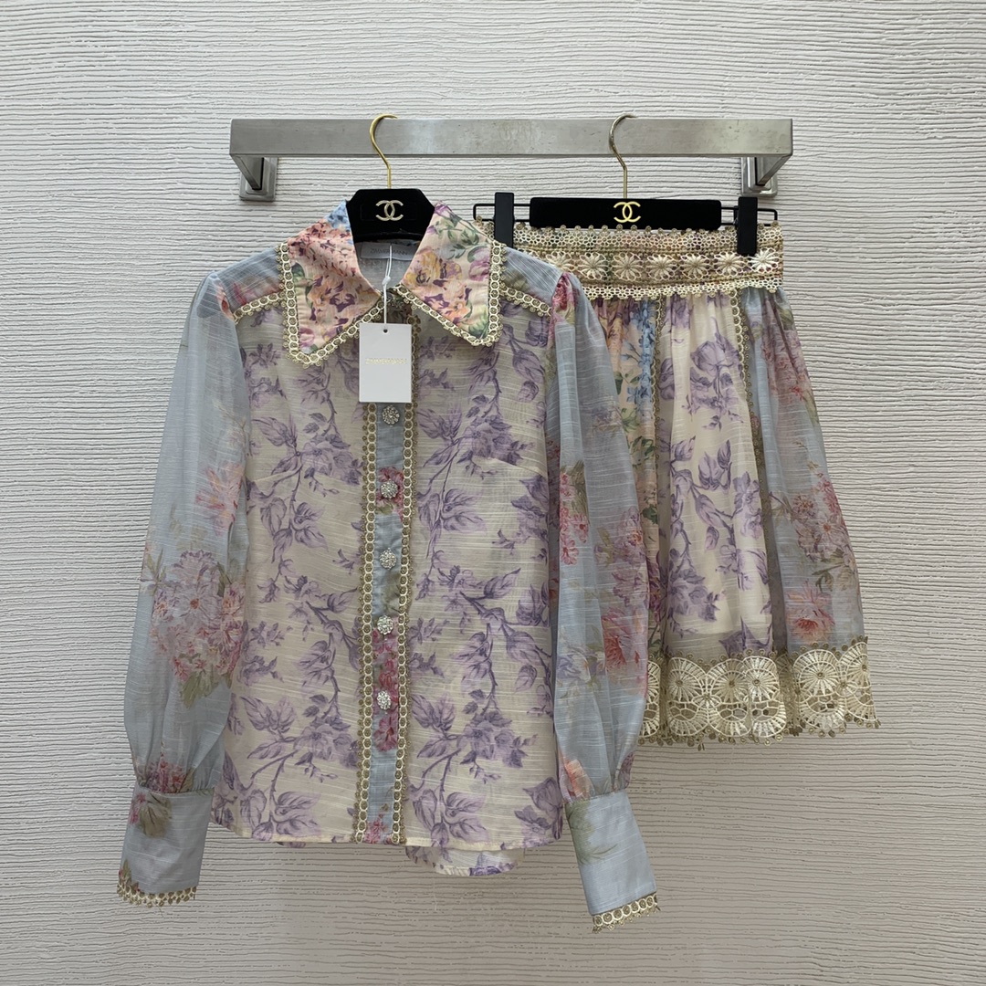 짐머만 ZIMMERMANN 2024 SS 캐릭터 로고 레이스 카라 블라우스 스커트 여성 세트 커스텀급