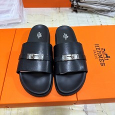 HERMES 2024 SS 에르메스 스틸버클 실버 레더 남성 슬리퍼 커스텀급