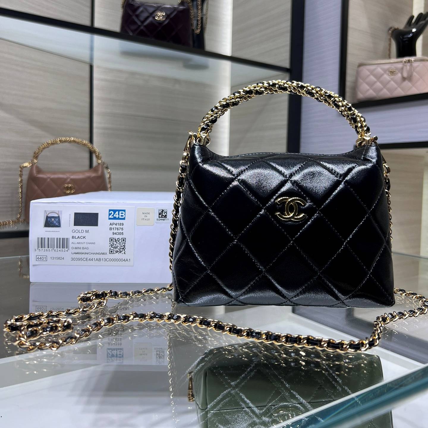 CHANEL 2024 SS 샤넬 체인 램스킨 골드 메탈 블랙 미니 토트백 AP4189 여성 가방 커스텀급