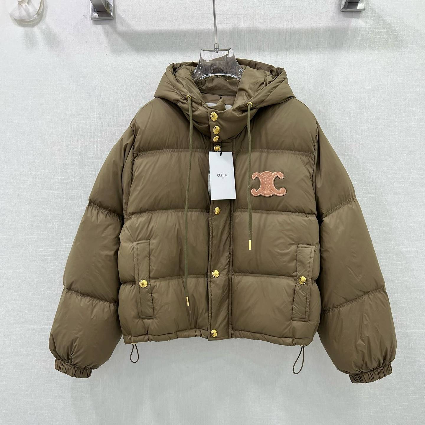 CELINE 2024 SS 셀린느 퀄팅 후드 로고 포켓 카키 여성 패딩 커스텀급