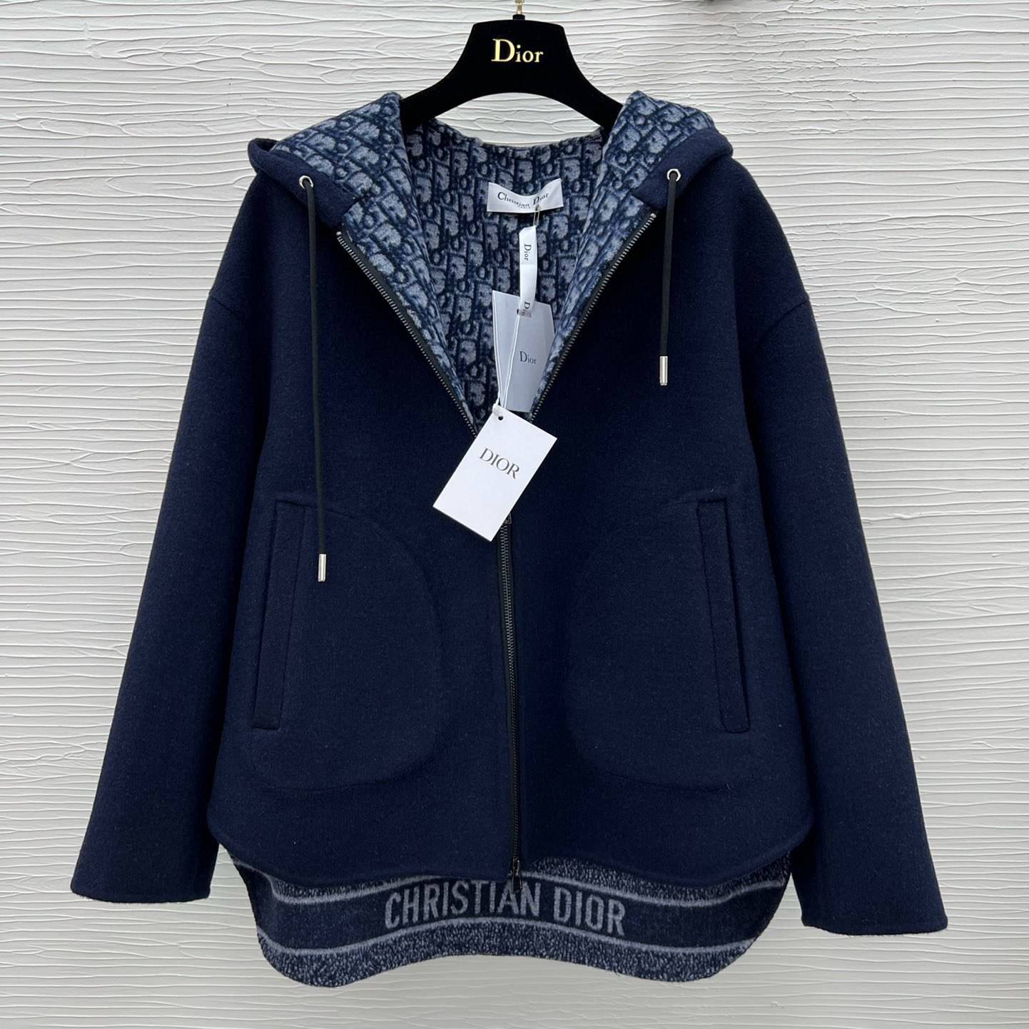 DIOR 2024 SS 디올 D로고 후드 네이비 캐시미어 100% 업뎃버젼 여성 반코트 커스텀급