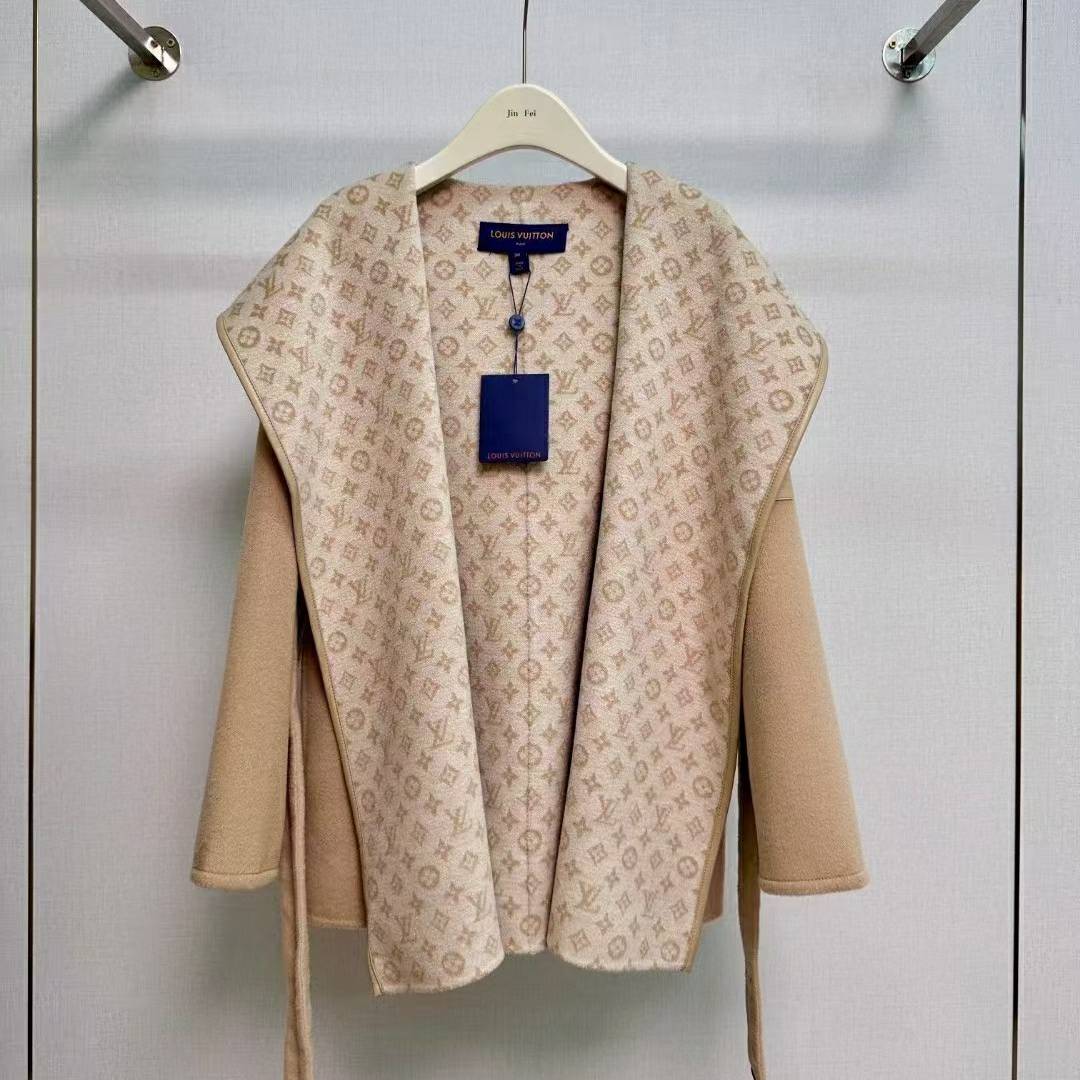 LOUIS VUITTON 2024 SS 루이비통 모노그램 후드 투톤 베이지 캐시미어 100% 업뎃버젼 여성 중코트 커스텀급