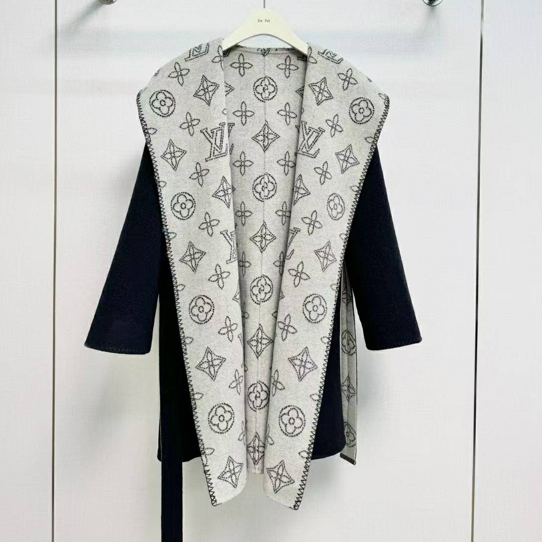 LOUIS VUITTON 2024 SS 루이비통 모노그램 후드 투톤 블랙 캐시미어 100% 업뎃버젼 여성 롱코트 커스텀급
