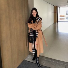 BURBERRY 2024 SS 버버리 캐시미어 체크안감 후드 벨트 여성 롱코트 커스텀급