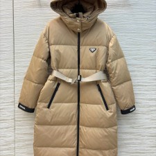 PRADA 2024 SS 프라다 삼각로고 후드 포켓 벨트 여성 롱패딩 커스텀급