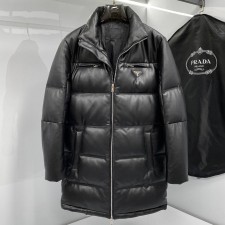 PRADA 2024 SS 프라다 삼각로고 퀄팅 양가죽 블랙 남성 롱패딩 커스텀급