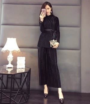 디올 스트라이프 리본벨트 블라우스 바지 세트