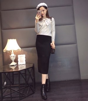 디올 리본 긴팔 니트 블랙 니트 스커트 세트