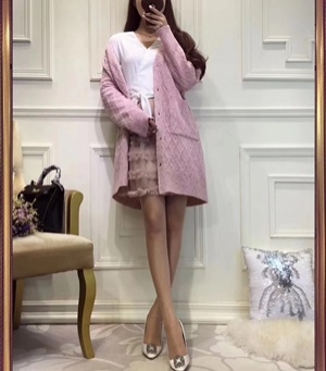 샤넬 체크무늬 포켓 니트 롱 가디건