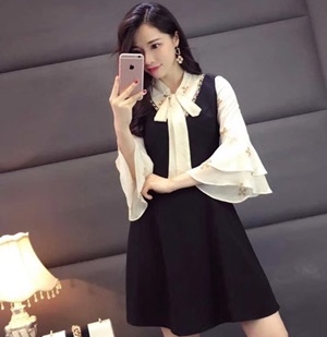 발렌티노 쉬폰 러플 블라우스 블랙 원피스 세트