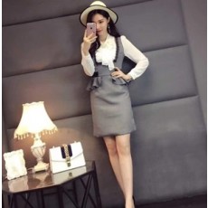 샤넬 리본 화이트 블라우스 체크 원피스 세트