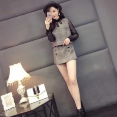 디올 끈리본 블랙 블라우스 체크 조끼 반바지 세트