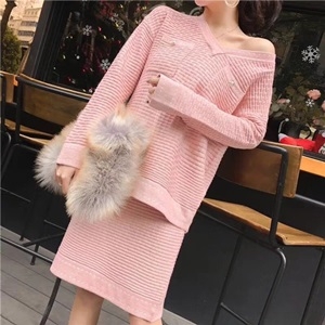 샤넬 진주포켓 스티치 니트 투피스