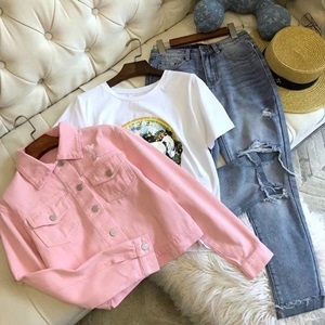 미우미우 화이트 반팔티 구제 청바지 포켓 자켓 세트