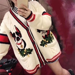 구찌 캐릭터 자수 삼선 줄무늬 니트 가디건