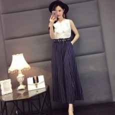 디올 화이트 리본 블라우스 스트라이프 바지 세트