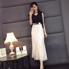 디올 리본장식 투톤 레이스 원피스