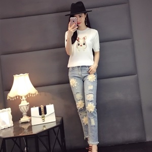 모스키노 캐릭터 자수 반팔티 플라워 청바지 세트