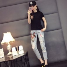 구찌 캐릭터 자수 반팔티 빈티지 9부 청바지