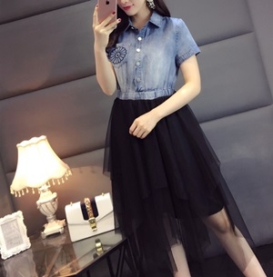 디올 투톤 청셔츠 망사 원피스