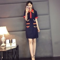구찌 투톤 캐릭터 자수 카라 반팔 원피스