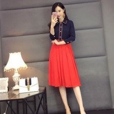 구찌 투톤 카라 긴팔 주름 원피스