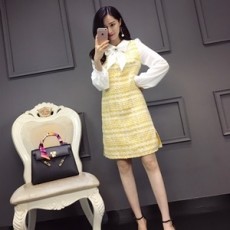샤넬 리본장식 투톤 긴팔 트위드 원피스