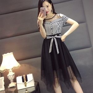 디올 투톤 체크 리본 프릴 원피스