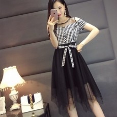 디올 투톤 체크 리본 프릴 원피스