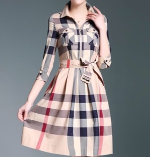 버버리 체크무늬 포켓 카라 7부소매 원피스
