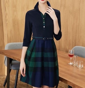 버버리 체크무늬 투톤 카라 벨트 원피스