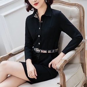 버버리 단추장식 카라 긴팔 체크벨트 원피스