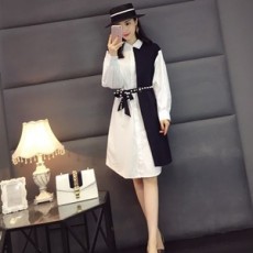 디올 투톤 카라 긴팔 진주벨트 롱셔츠