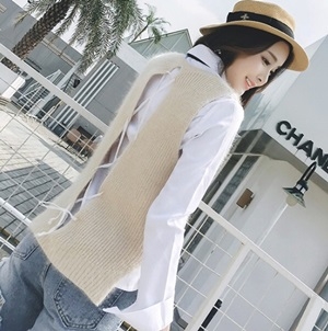 샤넬 끈리본 화이트 블라우스 양털 여성 니트 조끼 세트