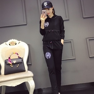 크롬하츠 캐릭터 로고 블랙 후드 여성 상의 바지 세트