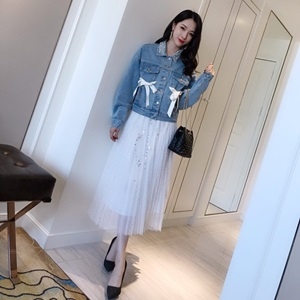 디올 2019 SS 리본장식 진주카라 청자켓 치마 여성 세트
