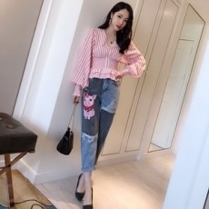 미우미우 2019 SS 스트라이프 블라우스 투톤 청바지 여성 세트