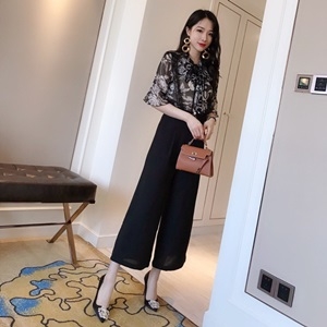 발렌티노 2019 SS 플라워 시스루 블라우스 멜빵바지 여성 세트