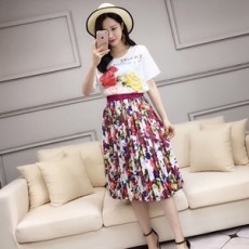 디앤지 2019 SS 플라워 반팔티 주름치마 여성 세트