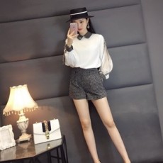 샤넬 2019 SS 투톤 카라 블라우스 여성 체크 반바지
