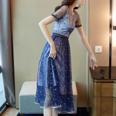 발렌티노 2019 SS 시스루 자수 투톤 여성 원피스