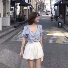 미우미우 2019 SS 체크 블라우스 프릴 반바지 여성 세트