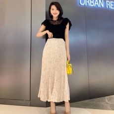 디올 2019 SS 투톤 러플 레이스 주름 여성 원피스